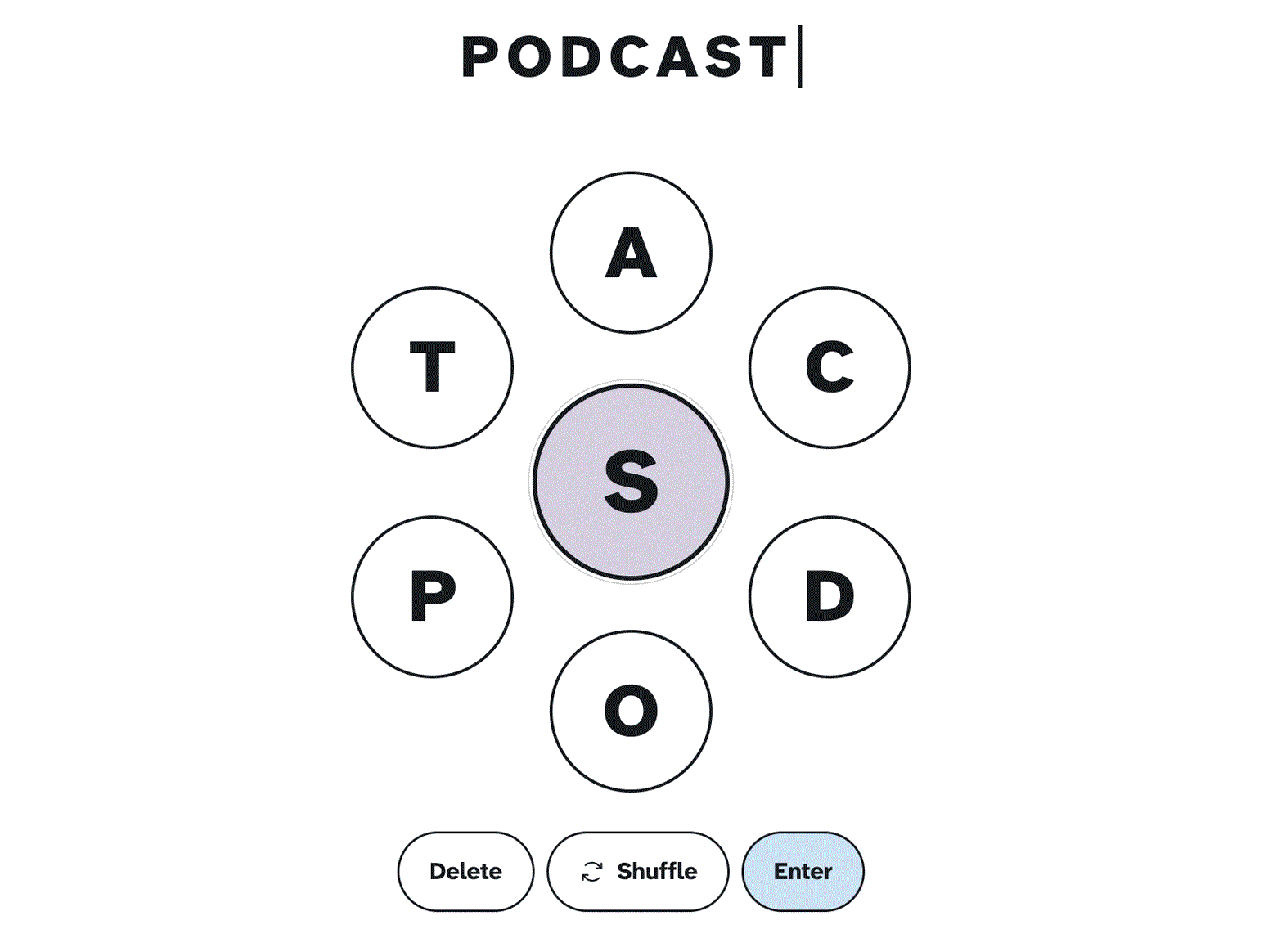 A Sunday 7 letter wheel with the word PODCAST being spelled out.