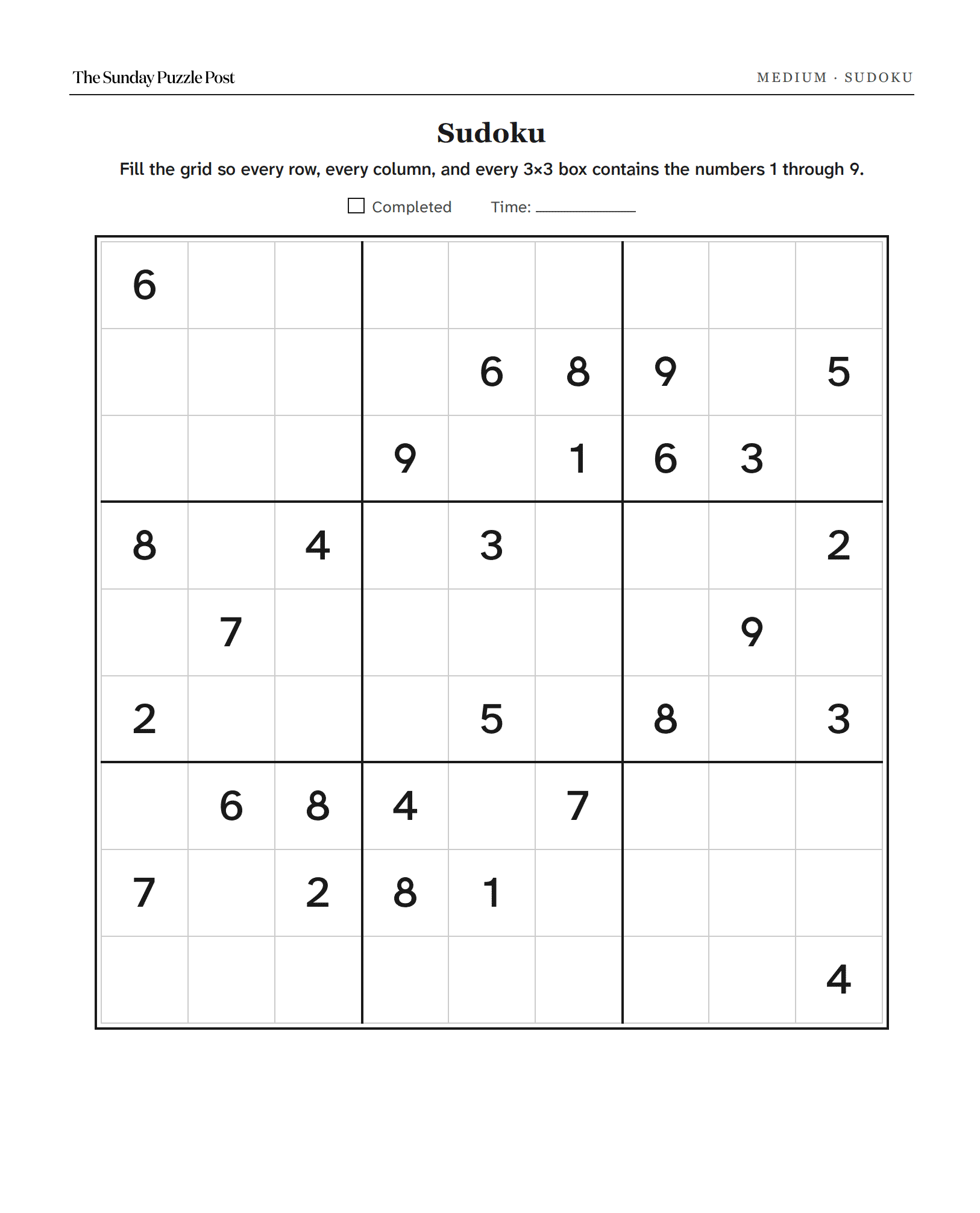 A printed sudoku page, one large grid filling the sheet.