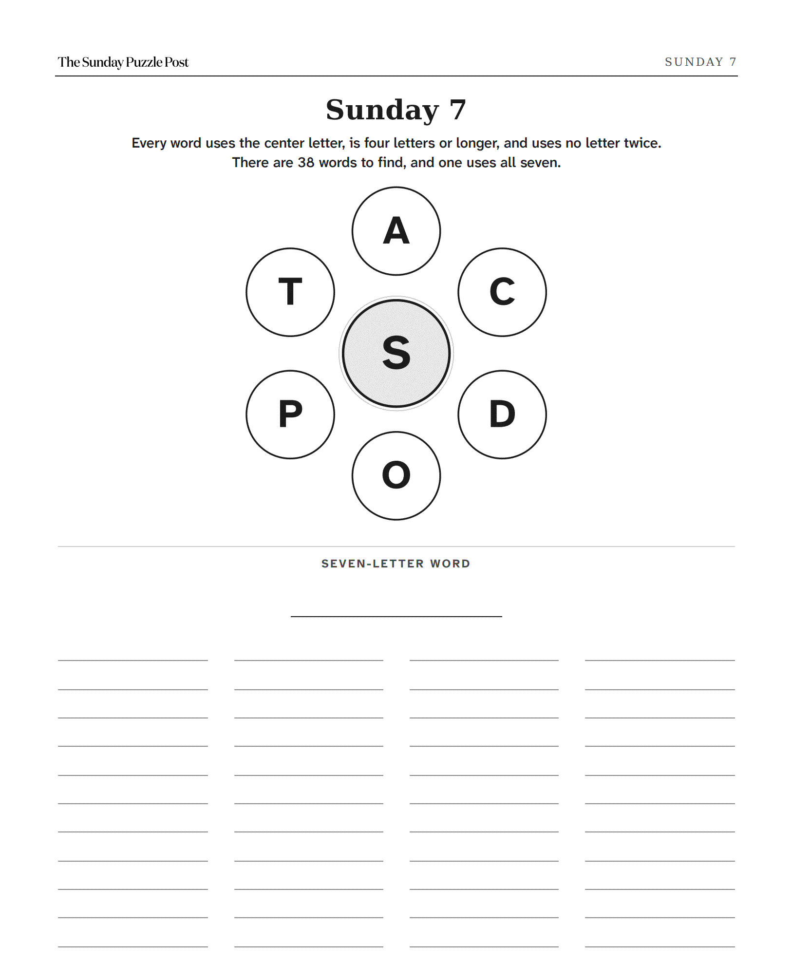 A printed Sunday 7 page: the letter wheel above ruled lines for the answers.
